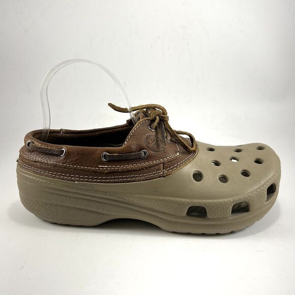 Crocs Islander Pit Crew Boat Shoes Mens Size 6 Brown Leather Upper Lace Up Rare